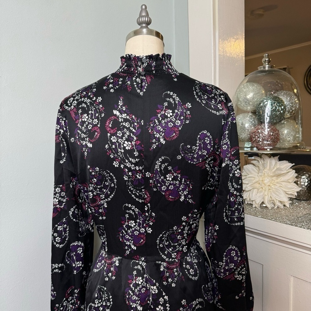 LOFT Paisley Smocked Flared Long Sleeve Floral Dress Black Purple White 8 - Picture 9 of 13